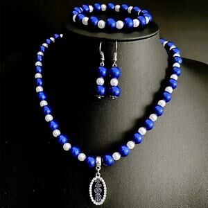 Zeta Phi Beta Jewelry Set Blue and white Necklace, Bracelet and Earrings